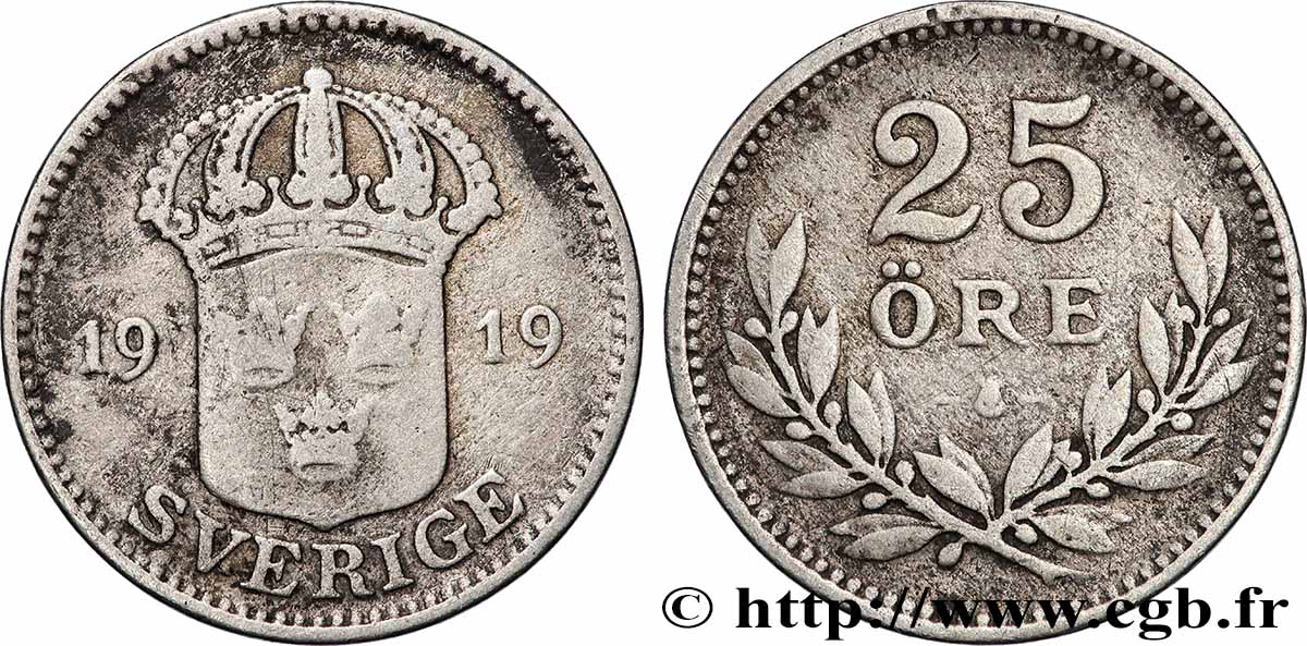 SWEDEN 25 Ore Gustave V 1919 XF