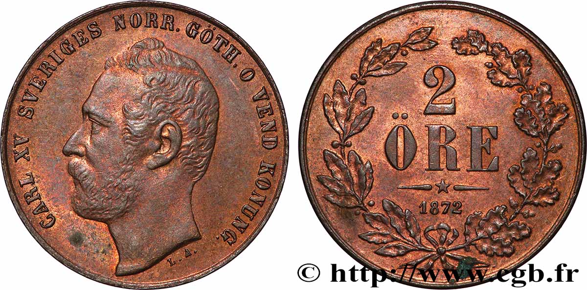 SWEDEN 2 Ore Charles XV 1872 AU