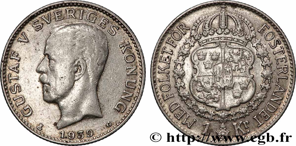 SWEDEN 1 Krona Gustave V 1939 Kungsholmen XF