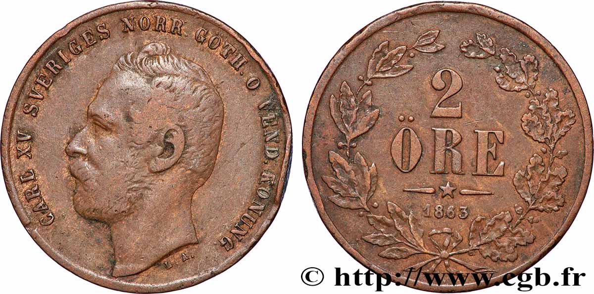 SWEDEN 2 Ore Charles XV 1863 VF
