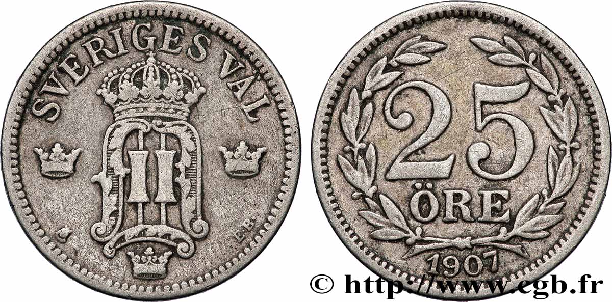 SWEDEN 25 Ore Oscar II 1907 XF