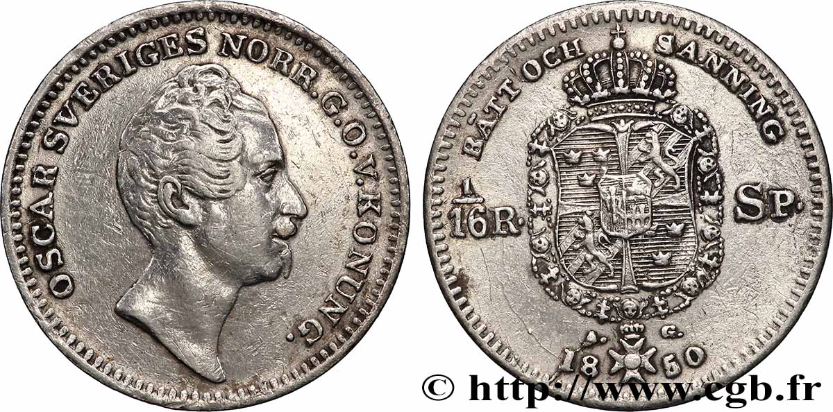 SWEDEN 1/16 Riksdaler Oscar I 1850 XF