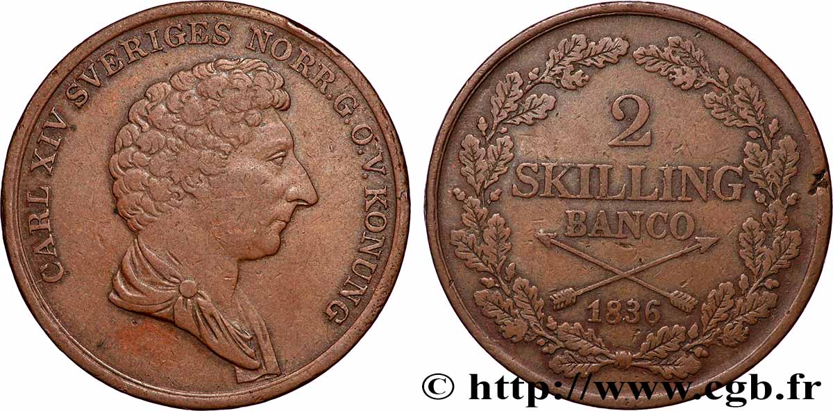 SUÈDE 2 Skilling Charles XIV 1836 TB+