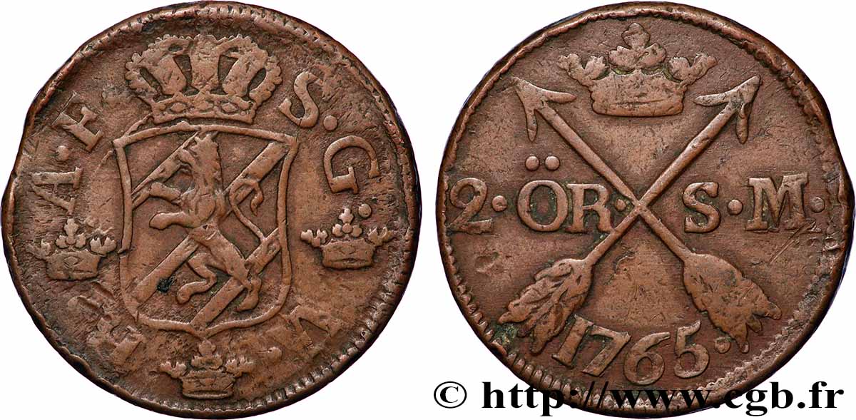 SWEDEN 2 Ore écu couronné frappe au nom du roi Adolphe Frédéric de Suède 1765 VF