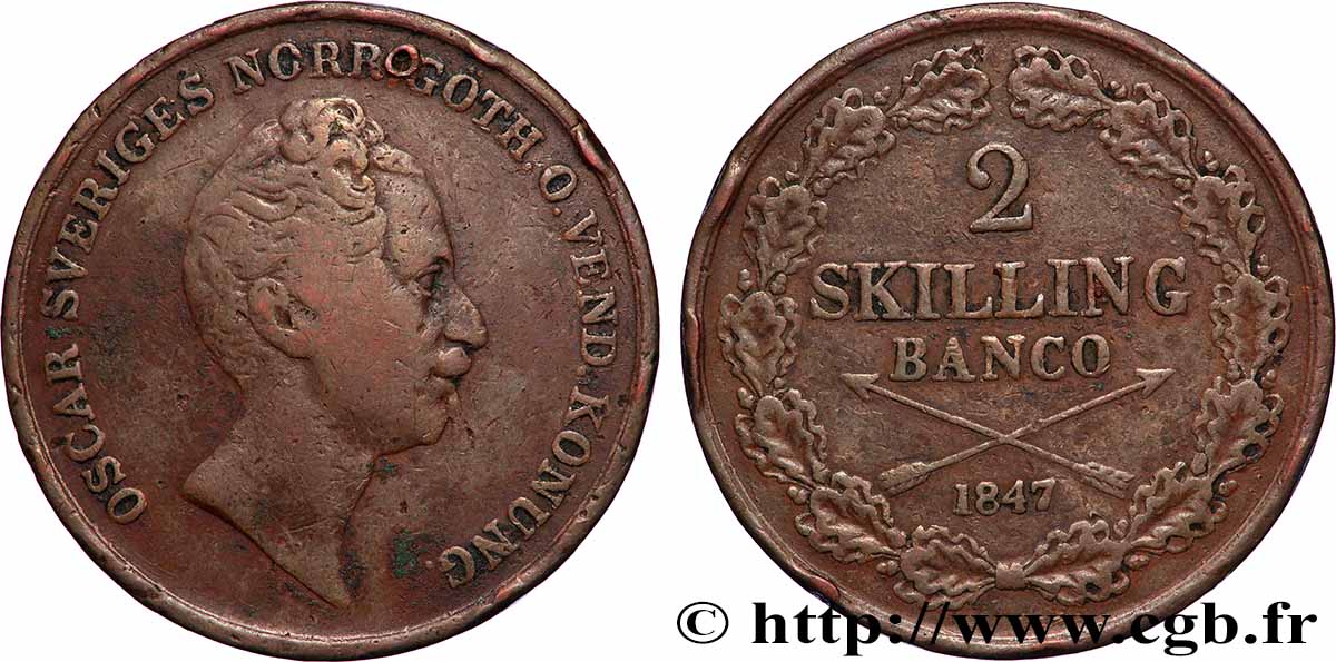 SWEDEN - KINGDOM OF SWEDEN - OSCAR I 2 Skilling Banco 1847 VF