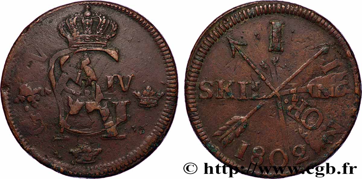 SWEDEN 1 Skilling monogramme du roi Gustave IV Adolphe 1802 VF