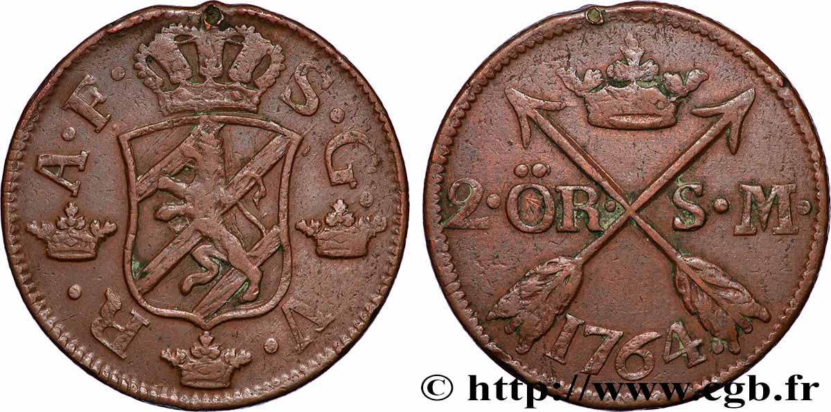 SUÈDE 2 Ore écu couronné frappe au nom du roi Adolphe Frédéric de Suède 1764 TTB