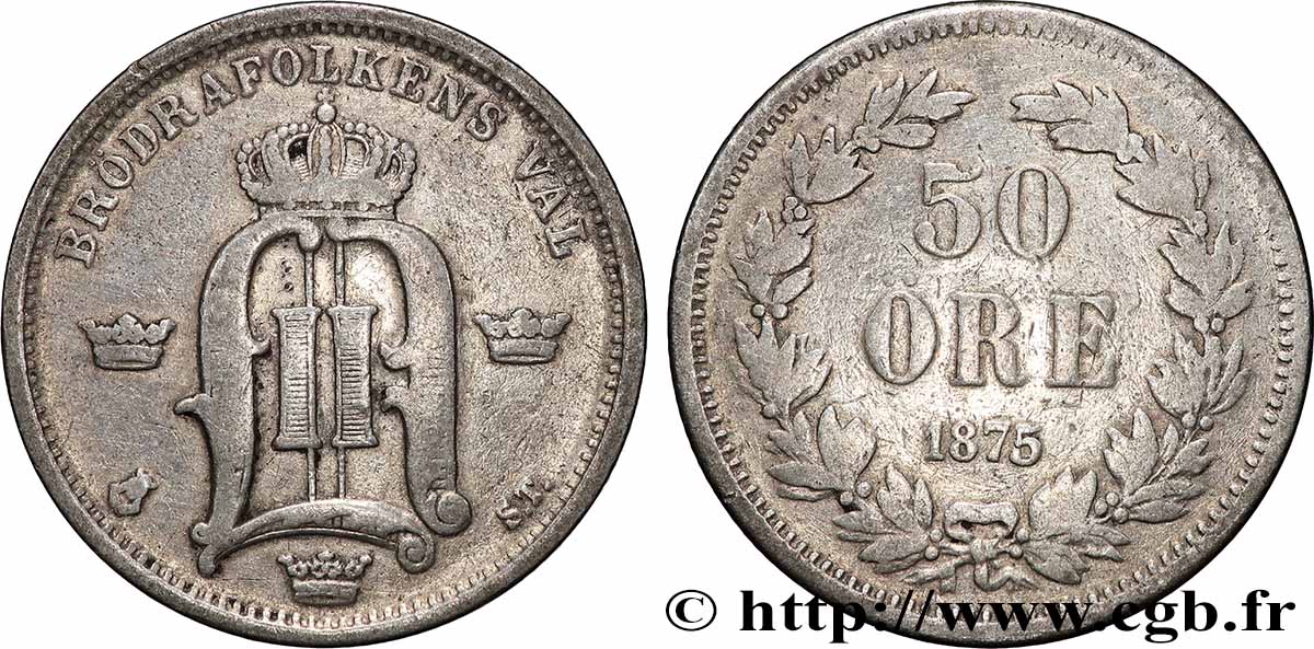 SWEDEN 50 Ore Oscar II 1875 Copenhague VF