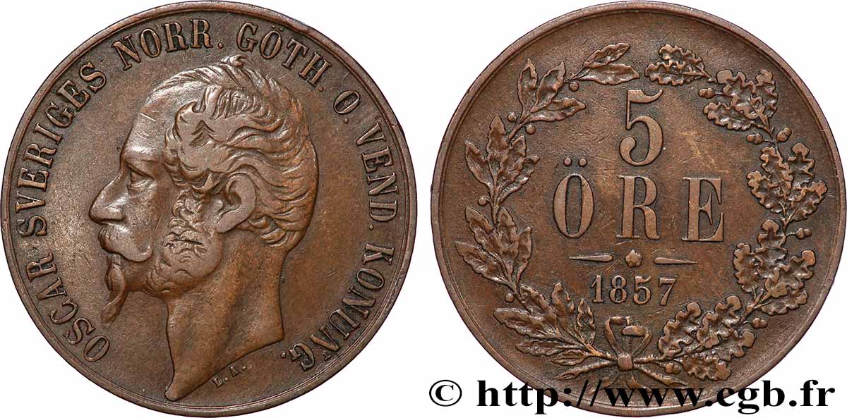SWEDEN 5 Ore Oscar Ier 1857 XF