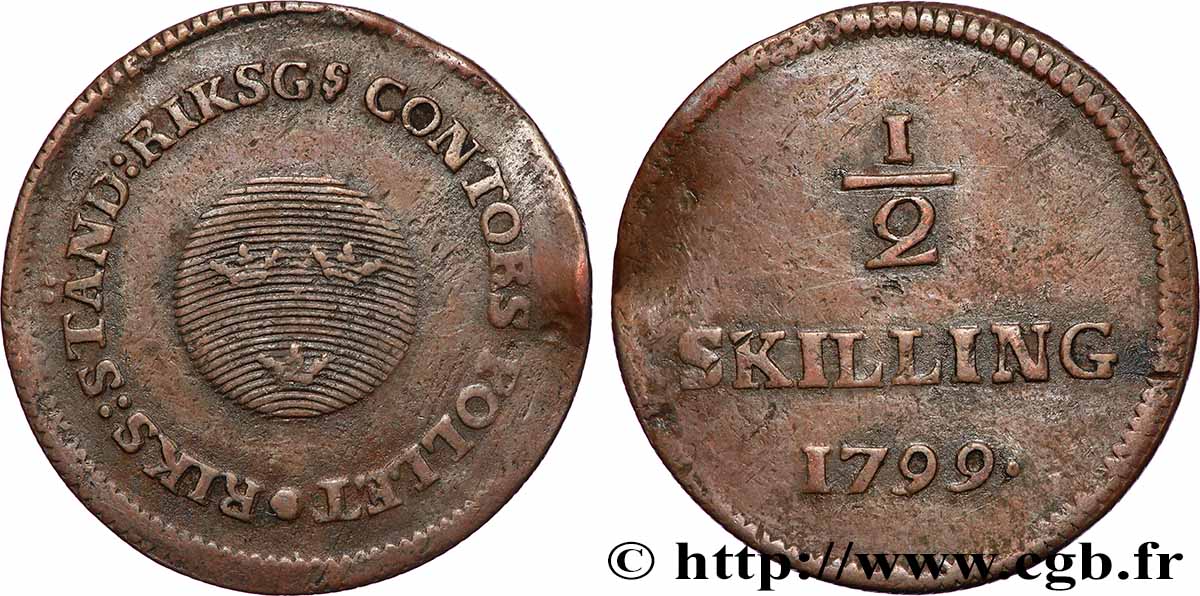 SUÈDE 1/2 Skilling au nom de Gustave IV Adolf 1799 TB+