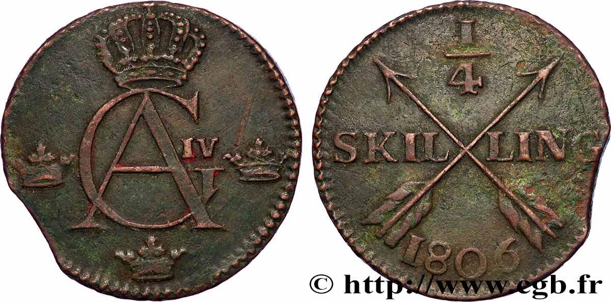 SWEDEN 1/4 Skilling Gustave IV Adolphe 1806 XF