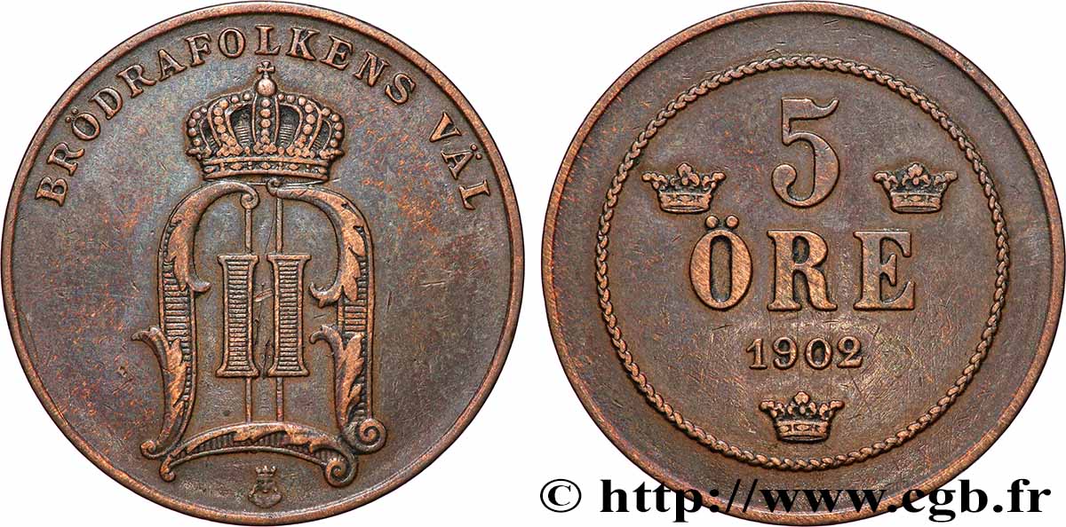 SWEDEN 5 Ore Oscar II 1902 XF