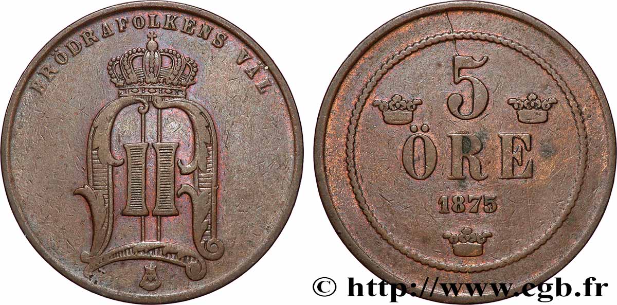 SUÈDE 5 Ore Oscar II 1875 Kungsholmen TTB