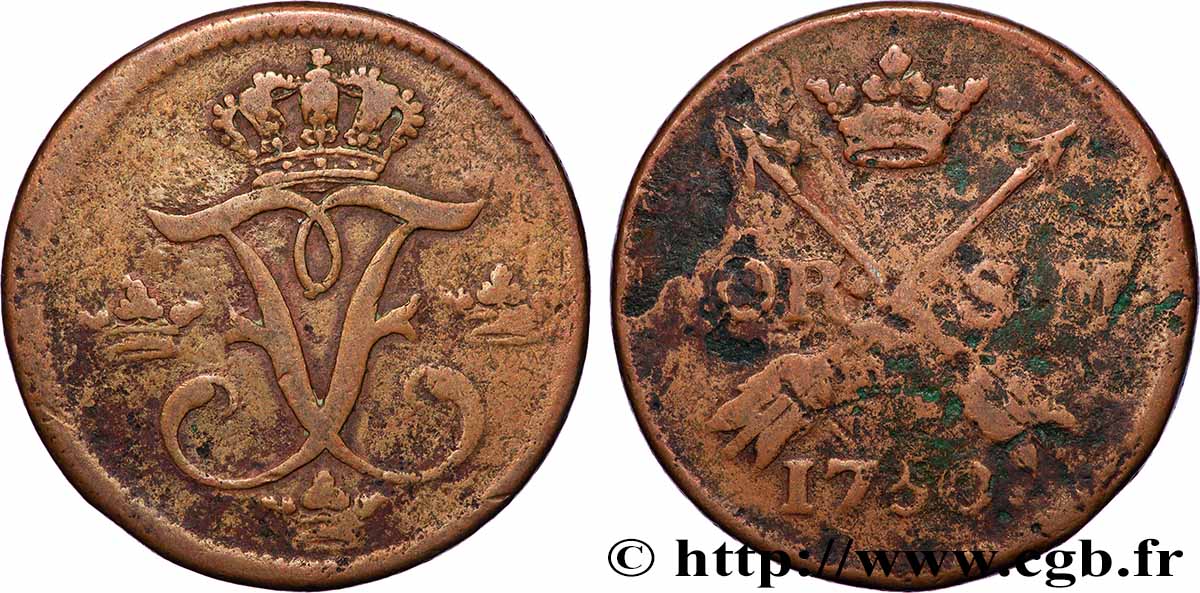 SWEDEN 1 Ore 3 Frédéric Ier 1750 VF