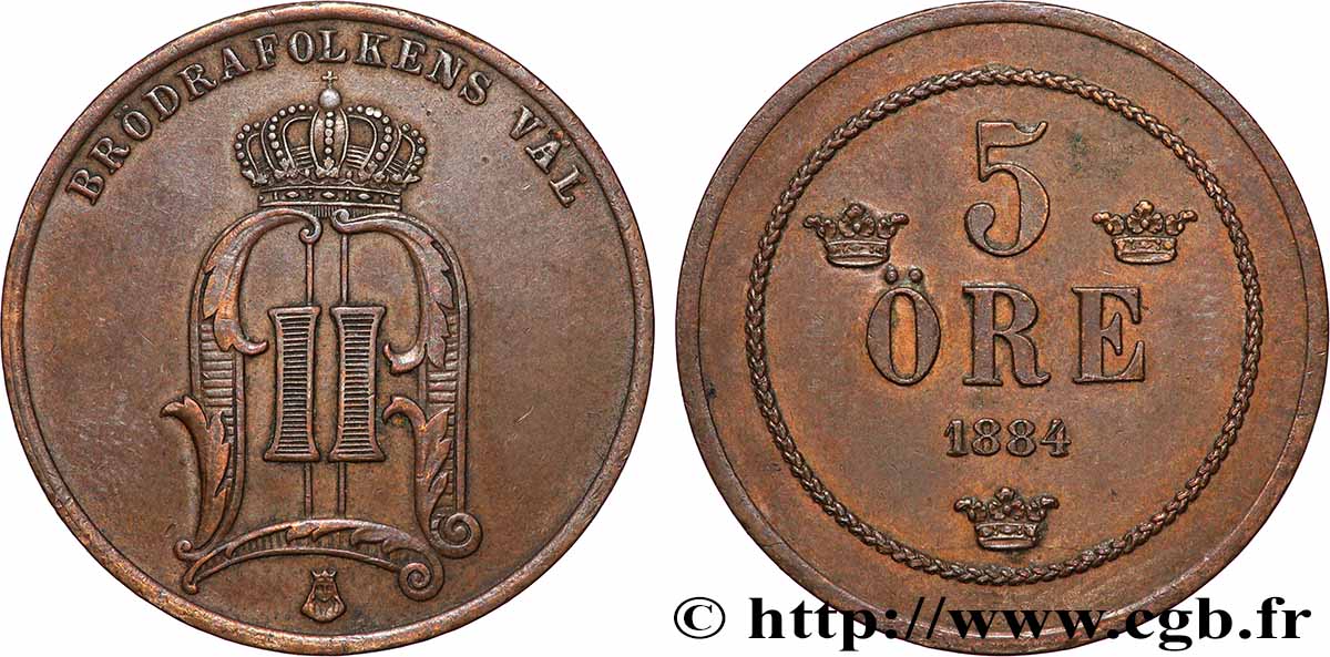 SWEDEN 5 Ore Oscar II 1884 XF
