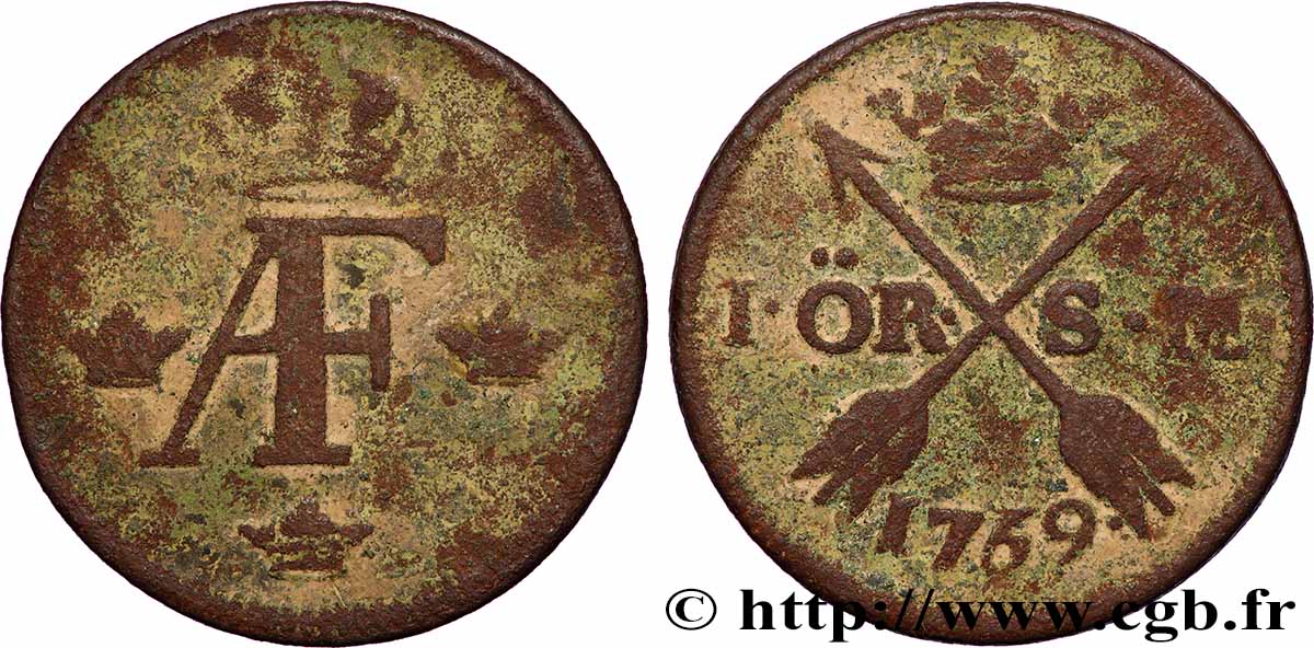 SWEDEN 1 Ore monogramme d’Adolphe Frédéric Ier 1769 VF