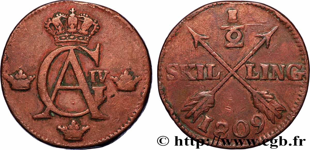 SWEDEN 1/2 Skilling Gustave IV Adolphe 1809 Kungsholmen VF