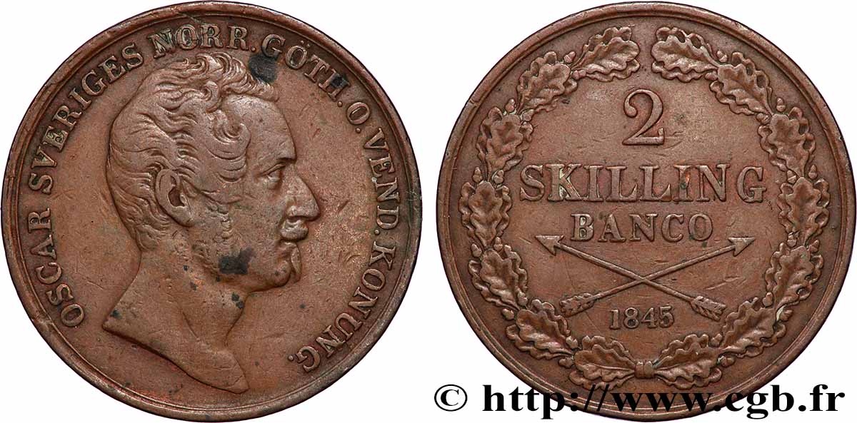 SWEDEN - KINGDOM OF SWEDEN - OSCAR I 2 Skilling Banco, buste large 1845 VF