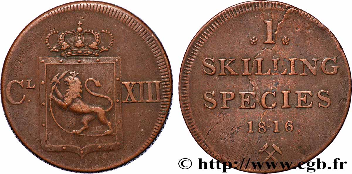 NORWAY 1 Skilling au nom de Charles XIII roi de Suède 1816 Kongsberg XF