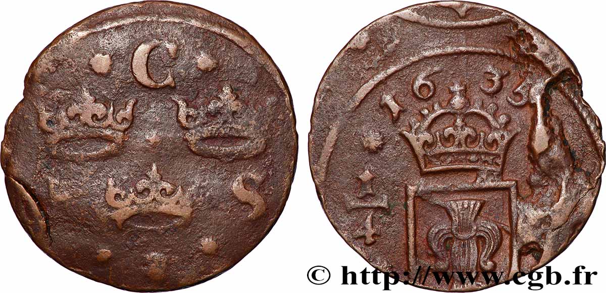SWEDEN - KINGDOM OF SWEDEN - CHRISTINA OF SWEDEN 1/4 Ore 1635 Nyköping ou Säter VF