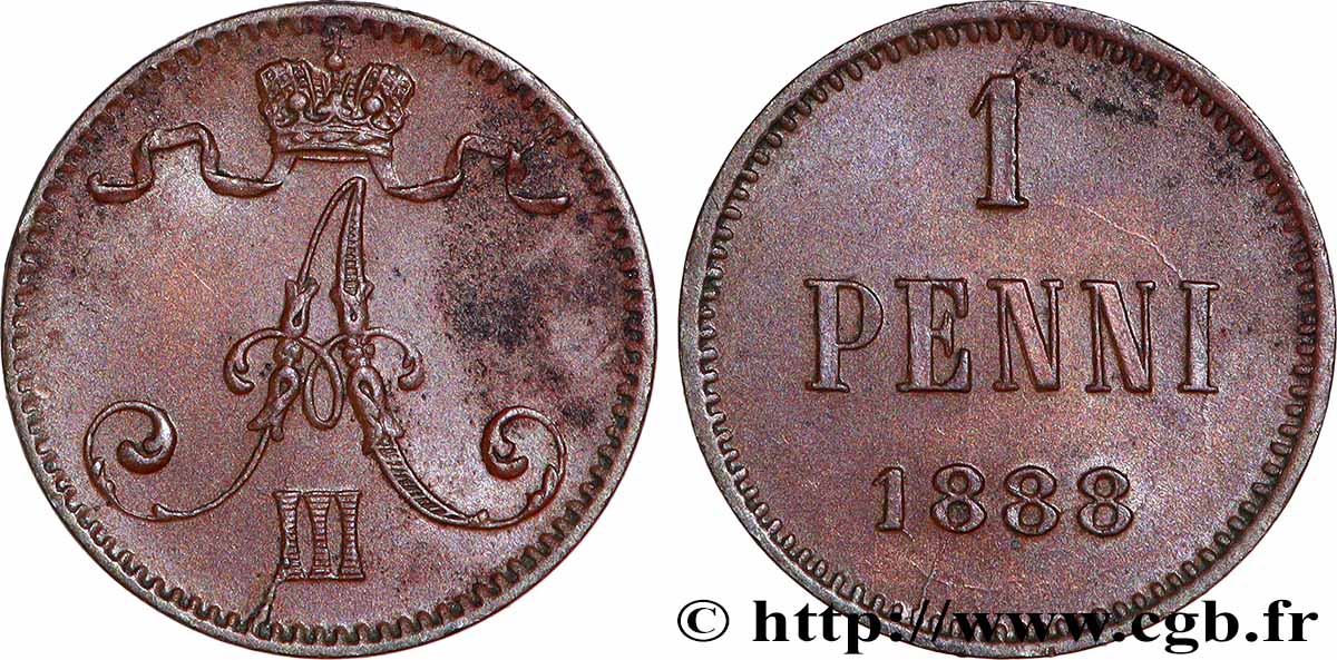 FINLANDE 1 Penni monogramme Tsar Alexandre III 1888 TTB+
