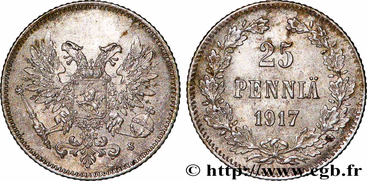 FINLANDIA 25 Pennia aigle bicéphale type à l’aigle sans couronne du gouvernement Kerenski 1917 Helsinki EBC