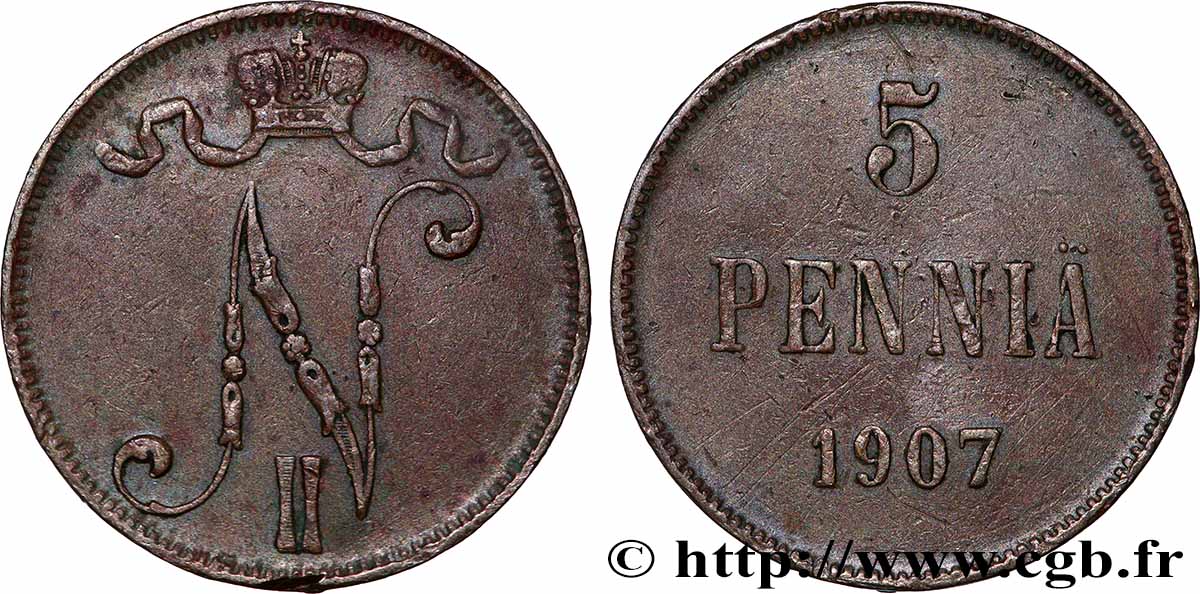 FINLAND 5 Pennia Nicolas II 1907 XF