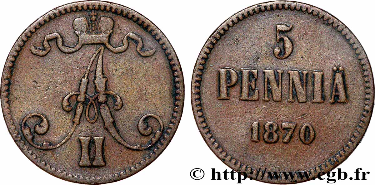 FINLAND 5 Pennia Tsar Alexandre III 1870 XF