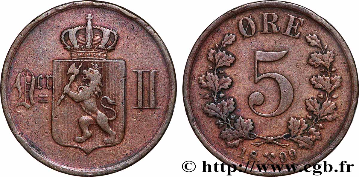 NORVÈGE 5 Ore Oscar II 1899 Kongsberg BB