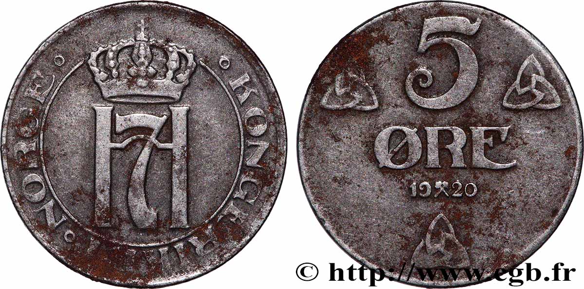 NORVÈGE 5 Ore Haakon VII 1920 TTB