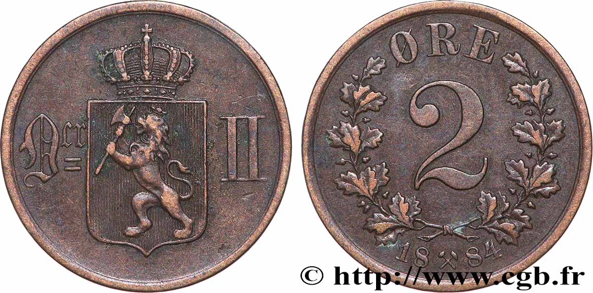 NORWAY 2 Ore Oscar II 1884 Kongsberg XF