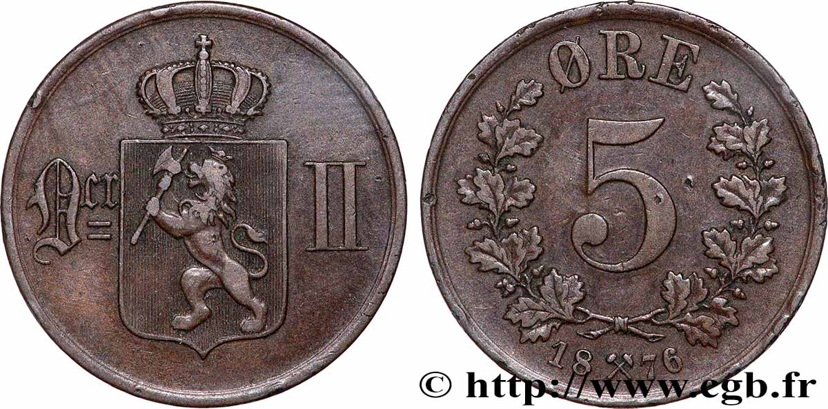 NORVEGIA 5 Ore Oscar II 1876 Kongsberg BB