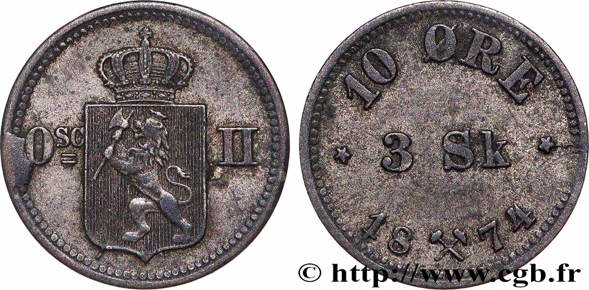 NORVÈGE - ROYAUME DE NORVÈGE - OSCAR II 10 Ore 1874 TTB