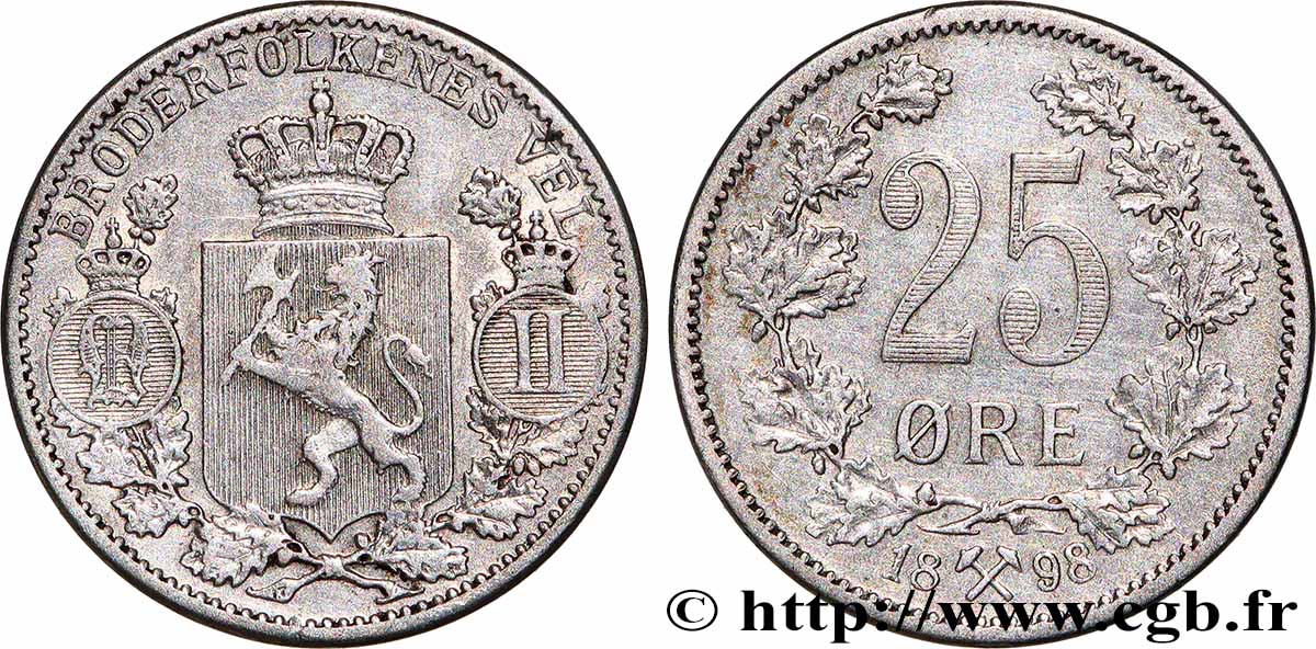 NORVÈGE 25 Ore oscar II 1898 TTB