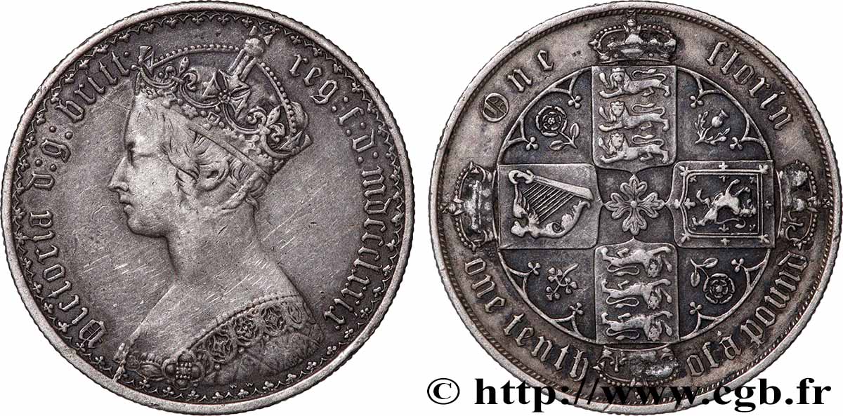 ROYAUME-UNI 1 Florin Victoria couronnée style gothique 1879 Londres TTB