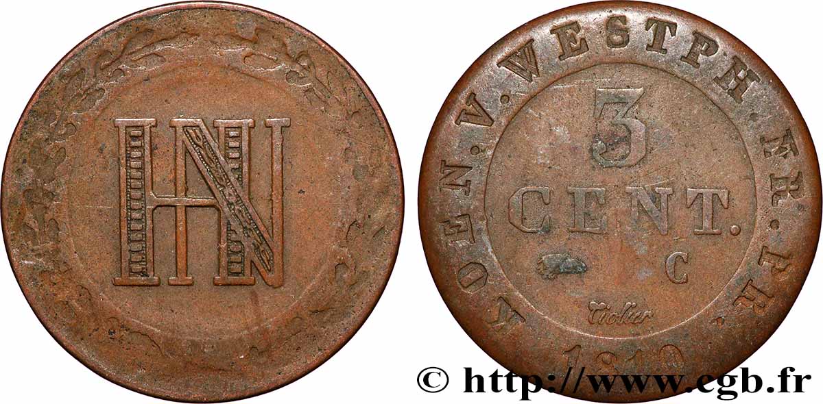 GERMANY - KINGDOM OF WESTPHALIA - JÉRÔME NAPOLÉON 3 Centimes 1810 Cassel BC+