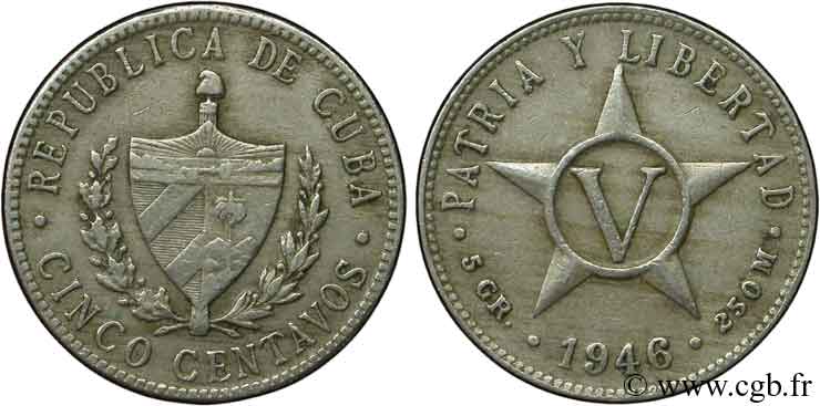 CUBA 5 Centavos emblème 1946  TTB 