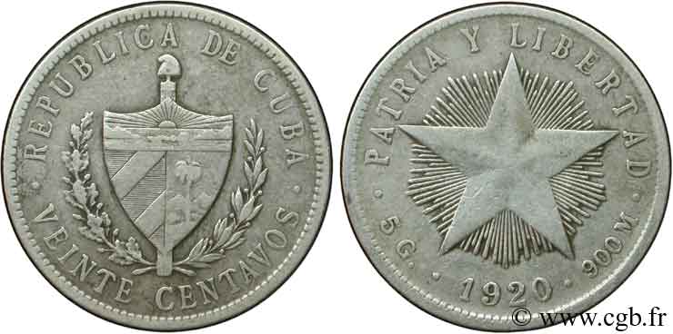 CUBA 20 Centavos emblème / étoile 1920  TB+ 