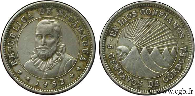 NICARAGUA 5 Centavos Francisco Nunez de Cordoba 1952  TTB 