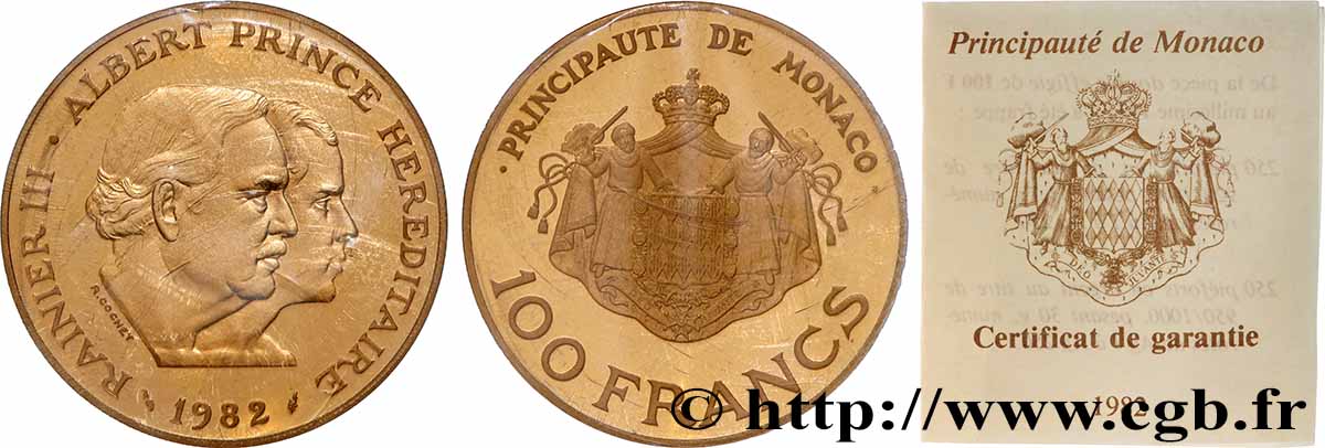 MONACO Piefort en or 100 Francs Rainier III et Albert 1982 Paris ST