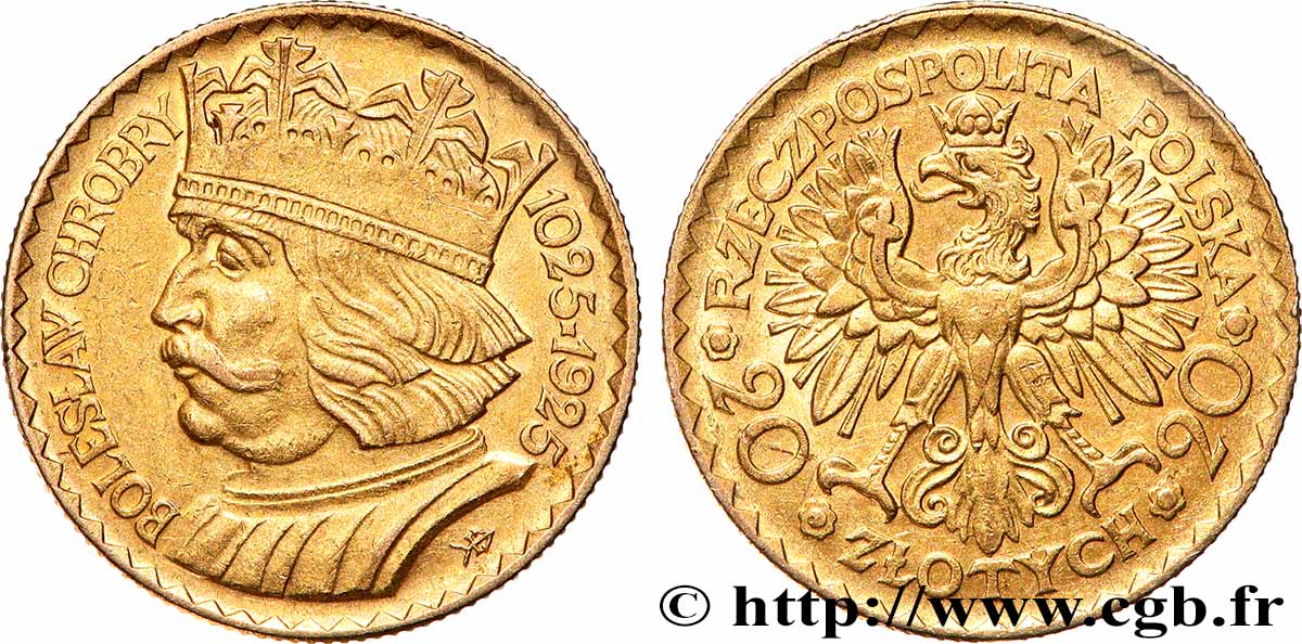 POLOGNE - RÉPUBLIQUE INDÉPENDANTE 20 Zlotych Boleslas Ier 1925 Varsovie AU