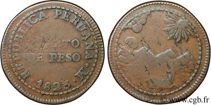 PÉROU 1/4 Peso monnayage provisoire républicain 1823 Lima TB 