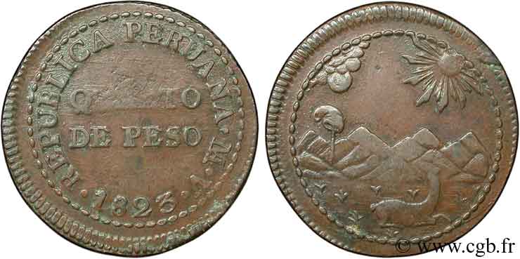 PÉROU 1/4 Peso monnayage provisoire républicain, variété au “V” 1823 Lima TTB 