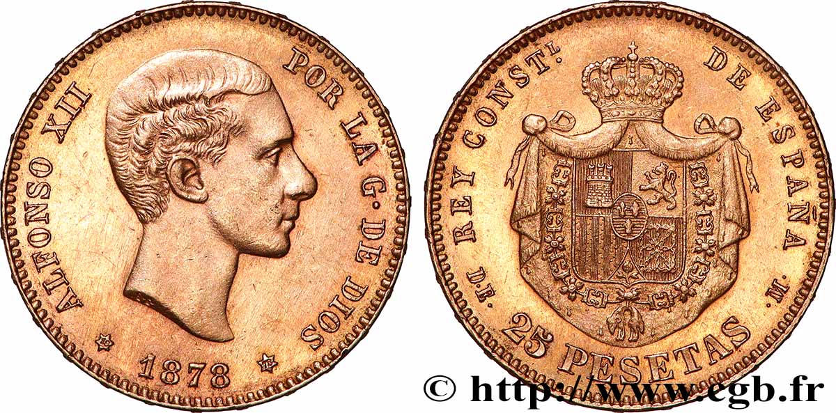ESPAGNE - ROYAUME D ESPAGNE - ALPHONSE XII 25 Pesetas 1878 Madrid SUP