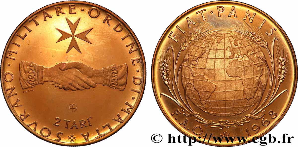 ORDEN SOBERANA DE MALTA 2 Tari Proof Frà Angelus de Mojana FAO 1968 S.M.O.M., Rome SC