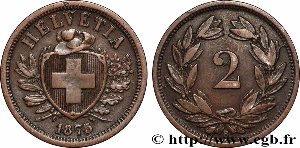 SUISSE 2 Centimes (Rappen) croix suisse 1875 Berne - B TTB