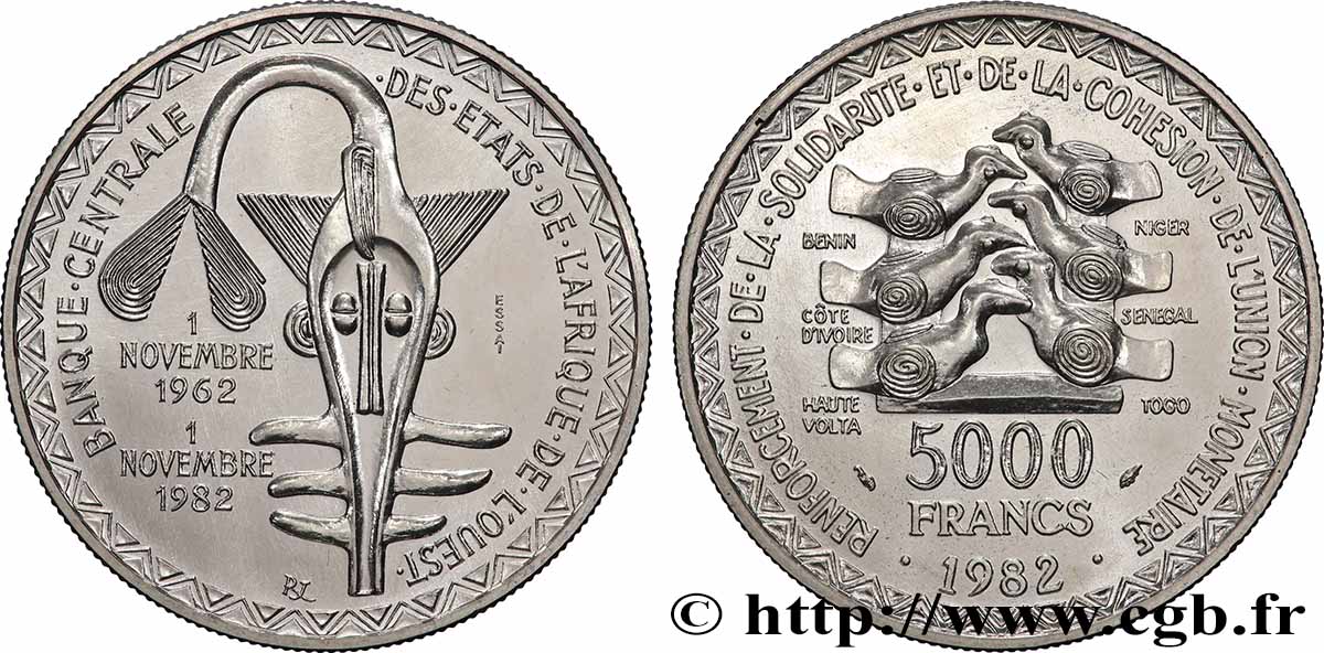WESTAFRIKANISCHE LÄNDER Essai de 5000 Francs masque / oiseau 20e anniversaire de l’Union Monétaire 1982 Paris fST