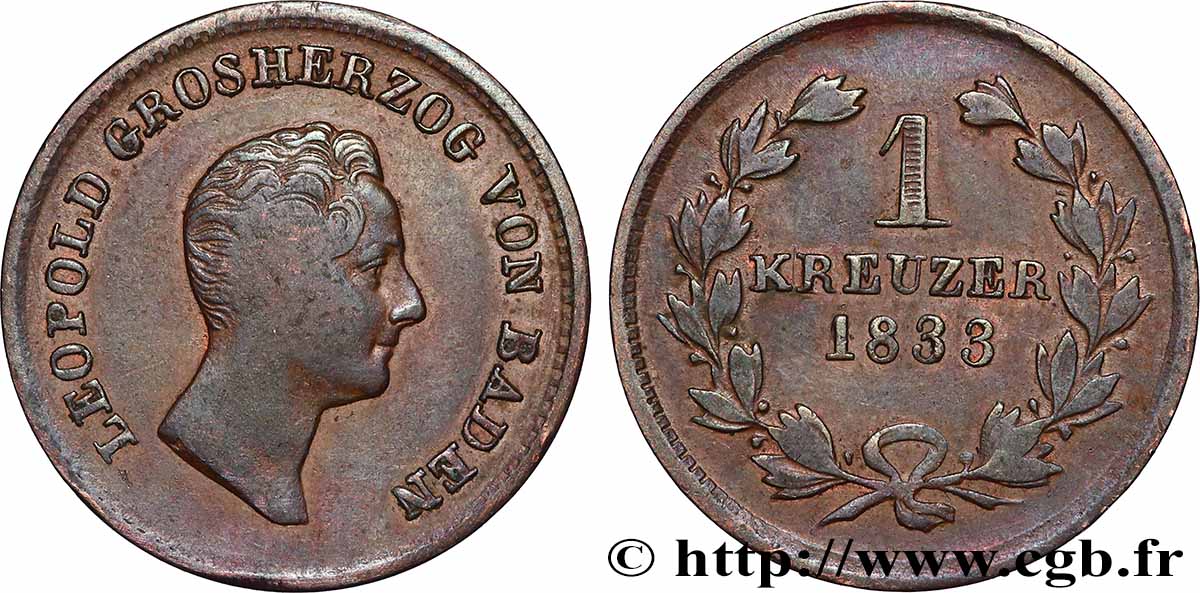 ALEMANIA - BADEN 1 Kreuzer Léopold Grand-Duc de Bade 1833 Karlsruhe BC+