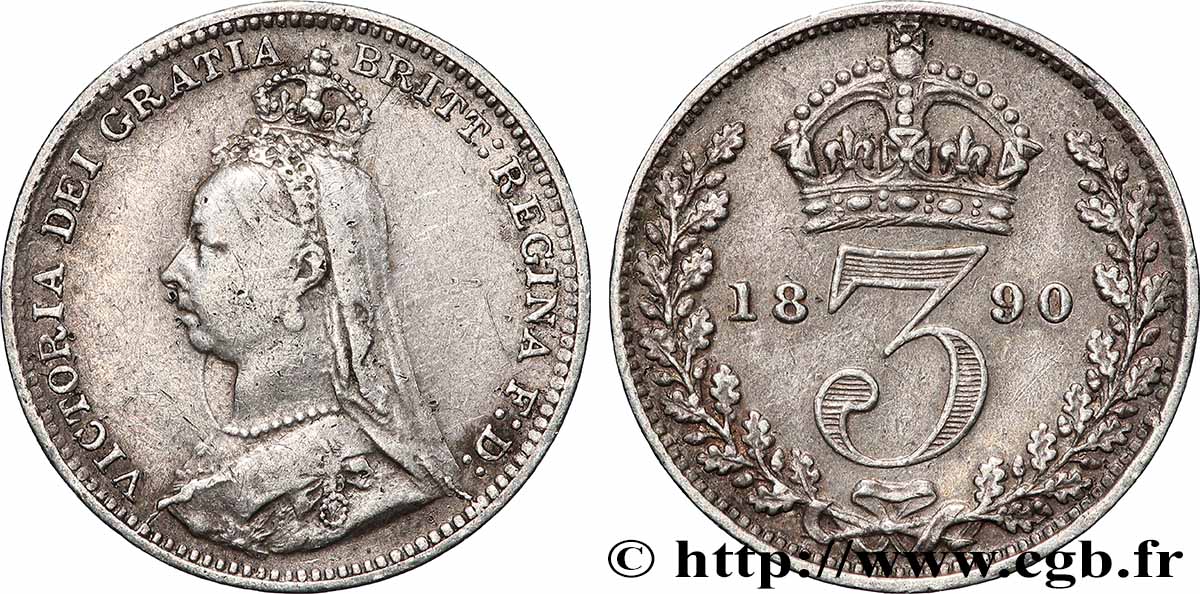 UNITED KINGDOM 3 Pence Victoria buste du jubilé 1890 Londres XF