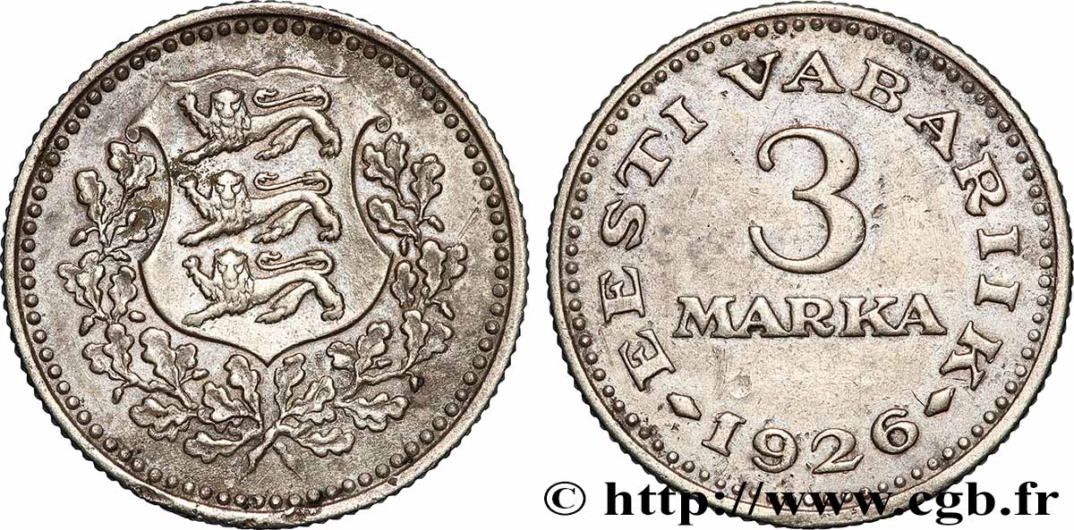 ESTONIE 3 Marka emblème aux 3 lions 1926 TTB+